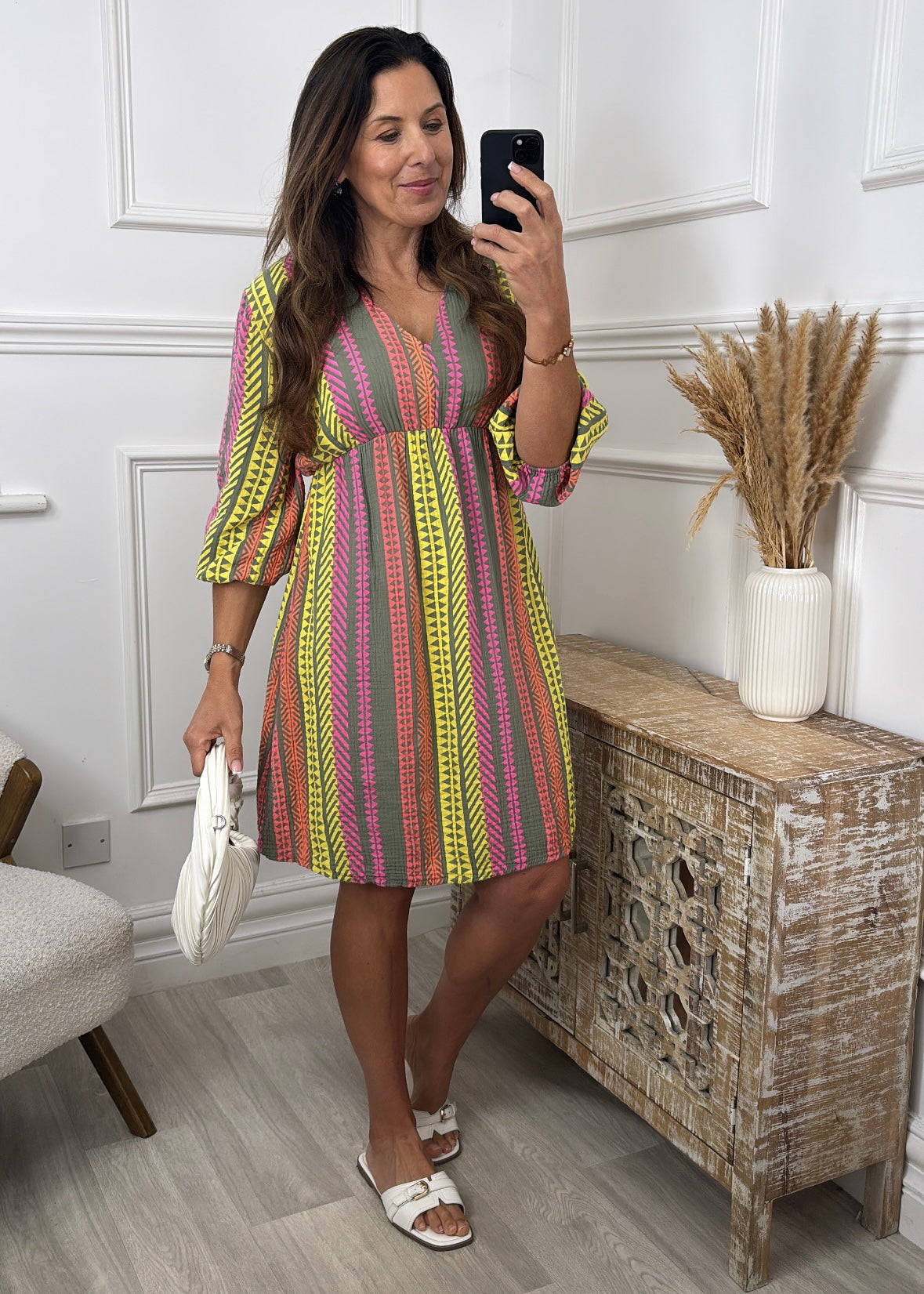 Lori Khaki V Neck Dress