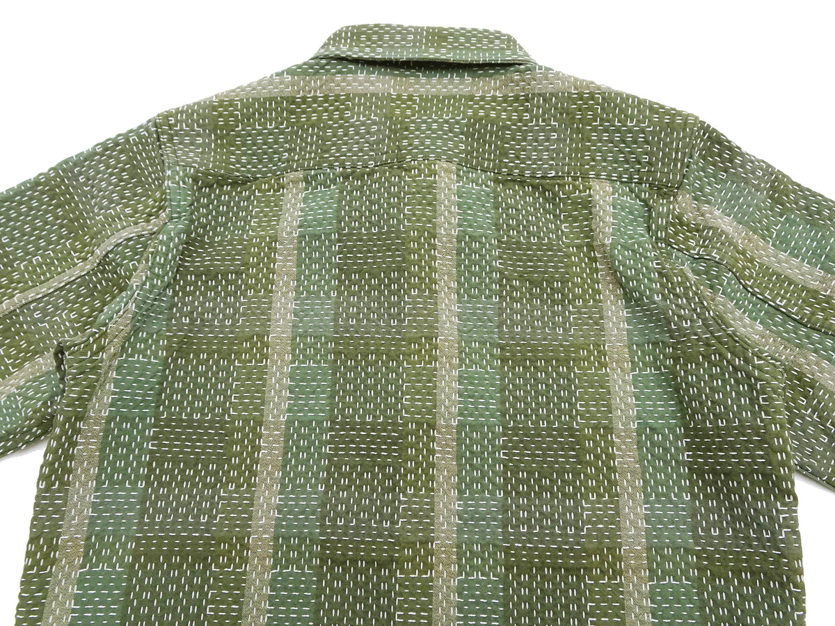 Studio D'Artisan Men's Heavyweight Jacquard Work Shirt, Sashiko Stitch Boro/Noragi-Inspired Slub Plaid, 100% Cotton, Made in Japan (SDA 5651 Green)