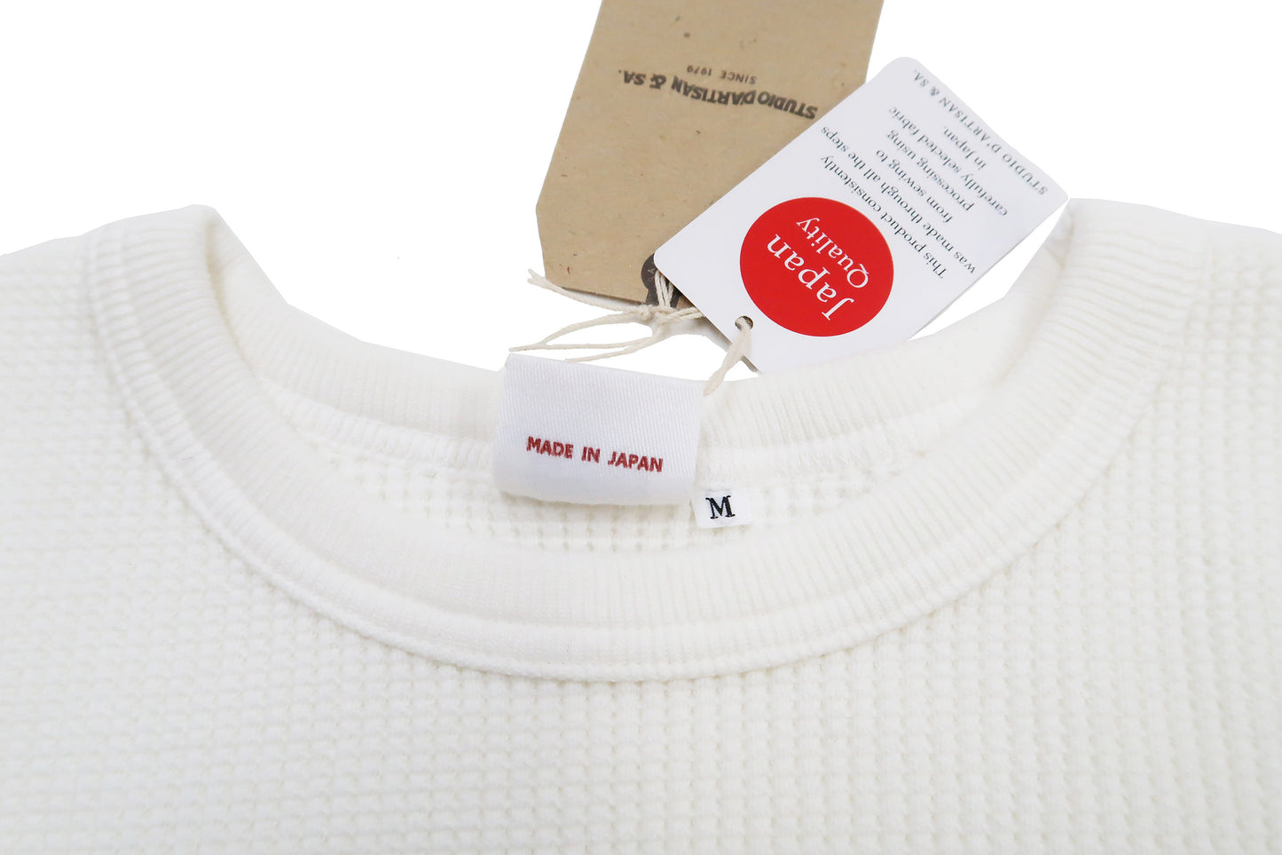 Studio D'Artisan Men's Heavyweight Waffle Knit Thermal Long Sleeve T-Shirt - 100% Cotton, Crew Neck, Ribbed Cuffs, Raw-edge hem, Made in Japan (SDA 9936) White