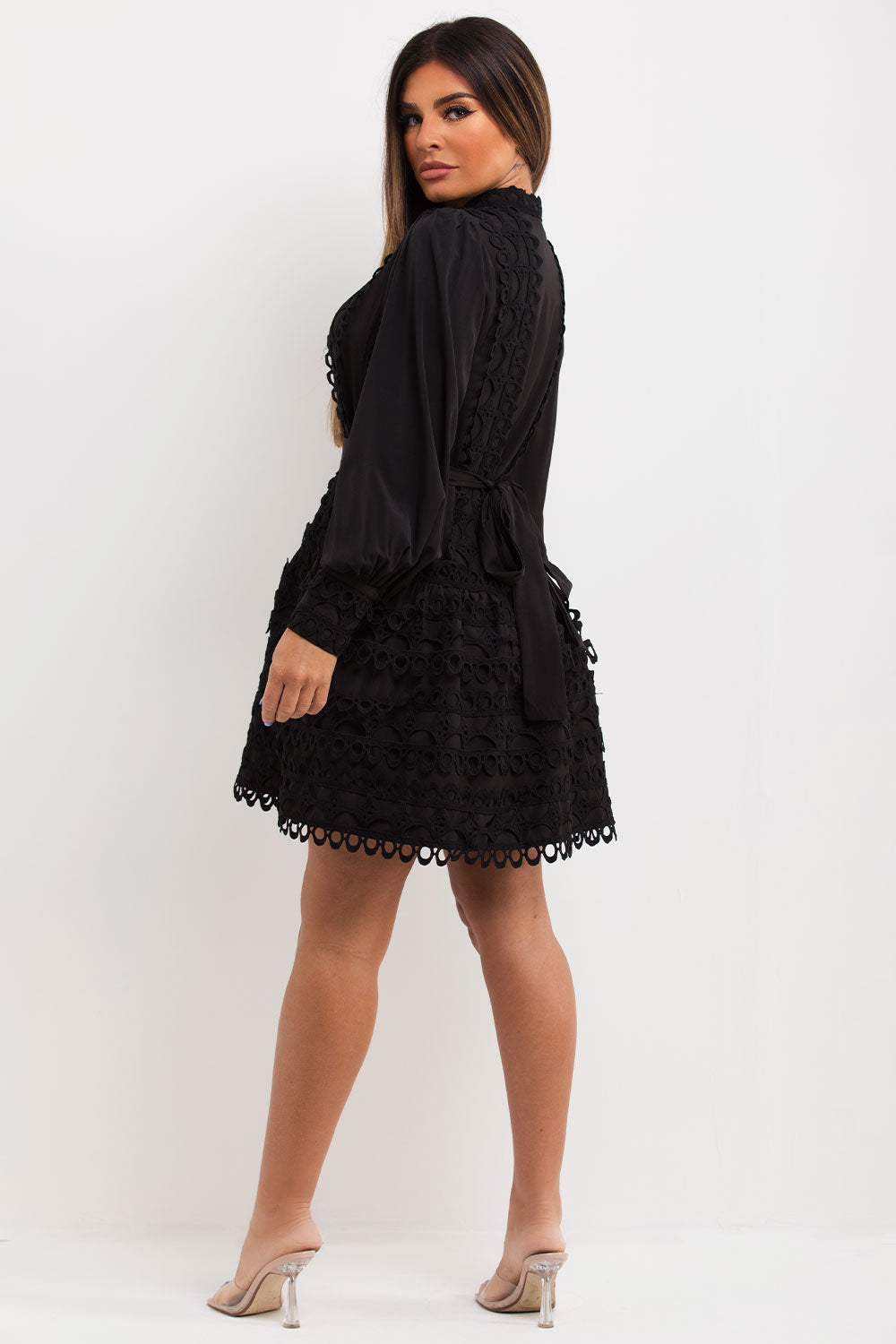 Black Lace Crochet Dress With Waist Belt