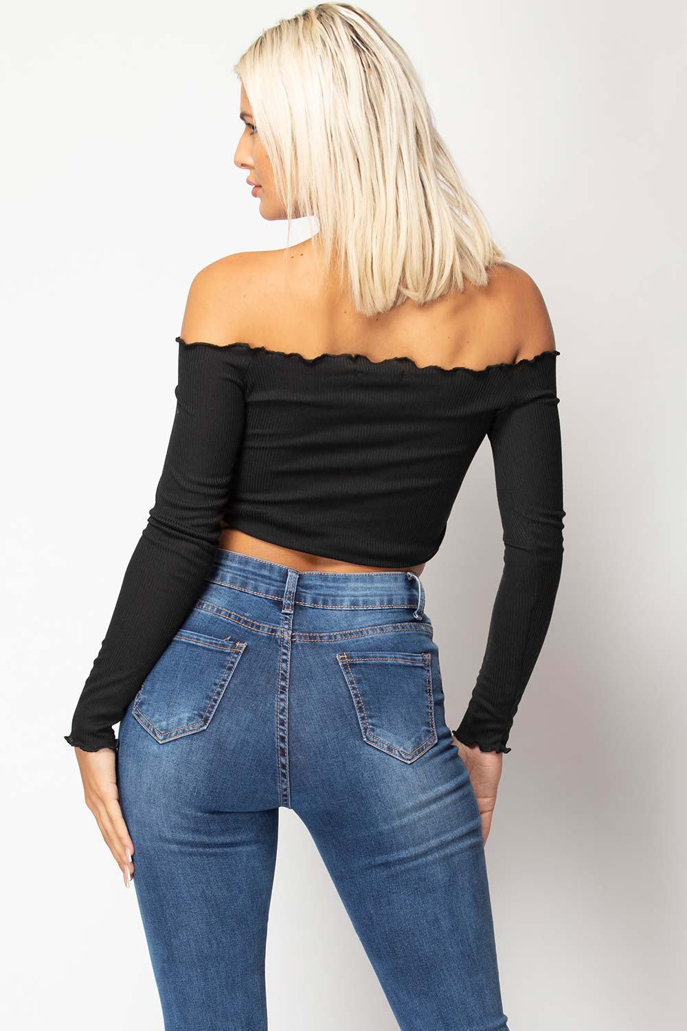 Black Ruched Front Long Sleeve Bardot Crop Top