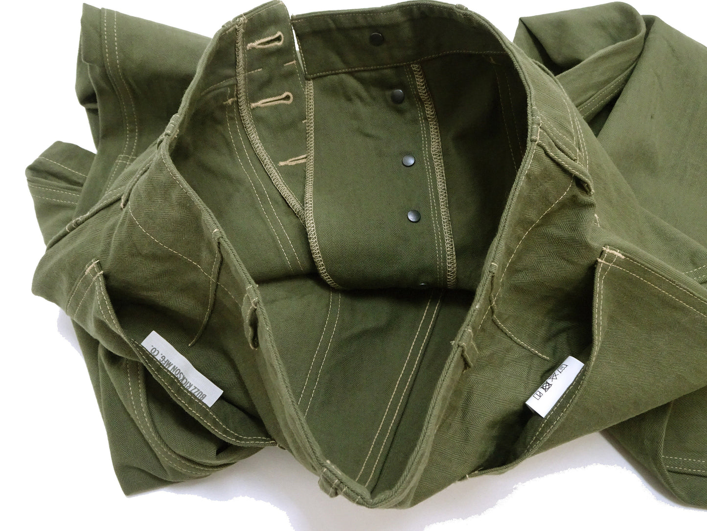 Buzz Rickson Herringbone Pants Men's Baggy Straight, Button Fly, Olive - U.S. Marine Corps M-1941 Utility Trousers Repro