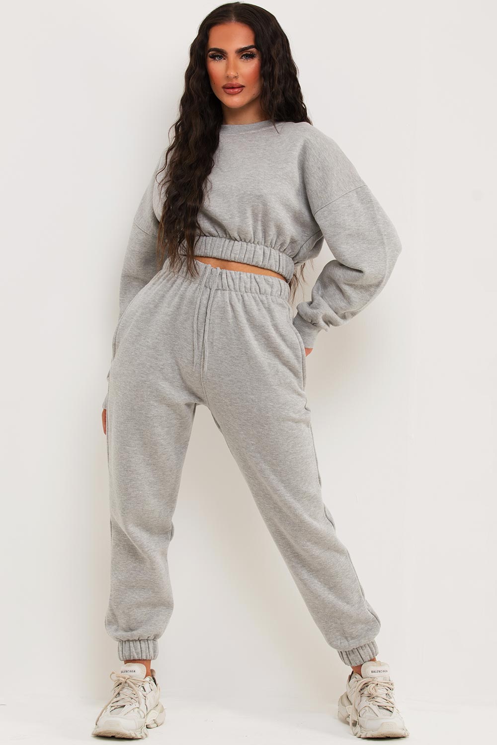 Crop Sweatshirt And Joggers Tracksuit Grey