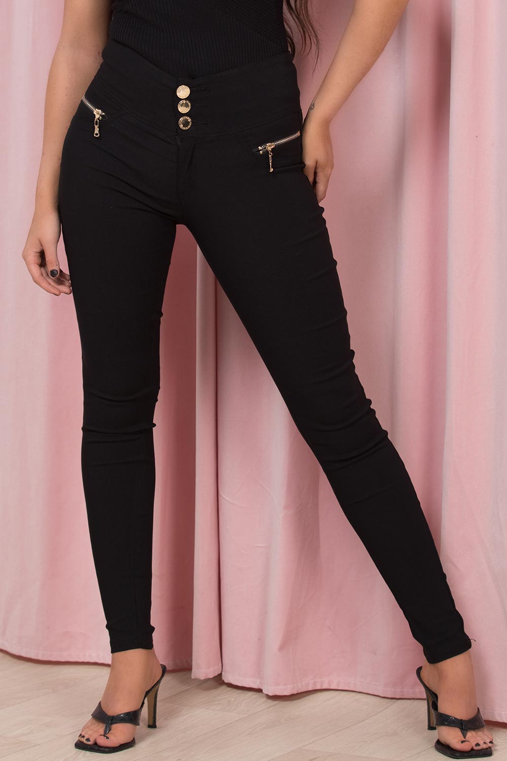 Black High Waisted Jeans With Gold Buttons