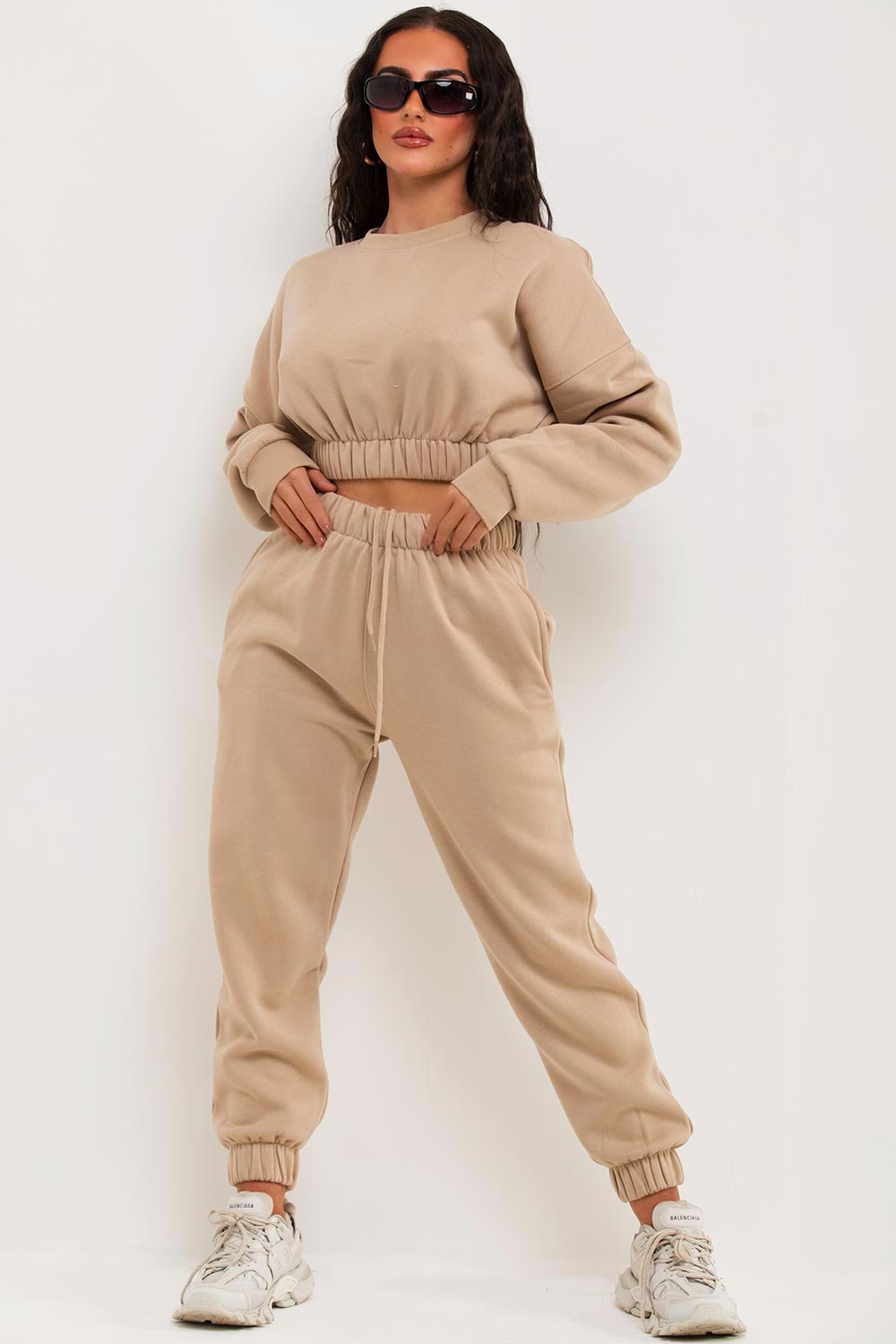 Crop Sweatshirt And Joggers Tracksuit Beige