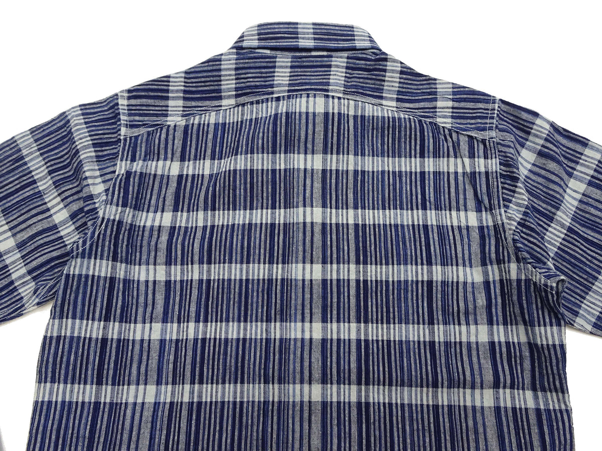 Sugar Cane Men's Indigo Plaid Long-Sleeve Work Shirt - Fiction Romance Collection - 100% Cotton, Inspired by Traditional Japanese Kimono Fabric, Made in Japan (SC29591 421A Navy)