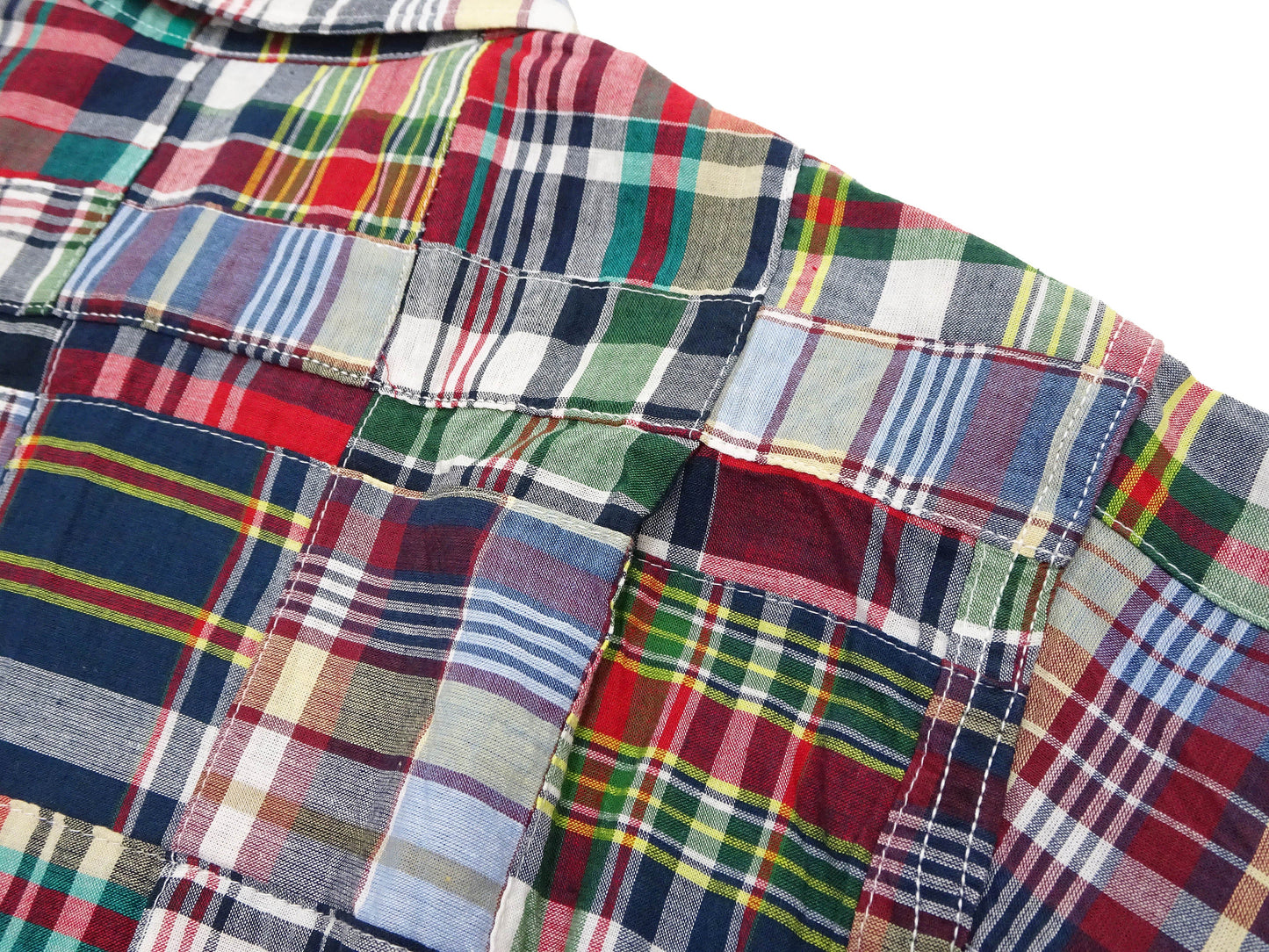 Sugar Cane Men's Madras Plaid Patchwork Open-Collar Camp Shirt - Short Sleeve - One Wash - Made in Japan (SC39739 165 Red)