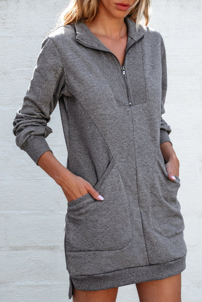 Black Zip up Collared Ribbed Patchwork Sweatshirt Dress with Pockets
