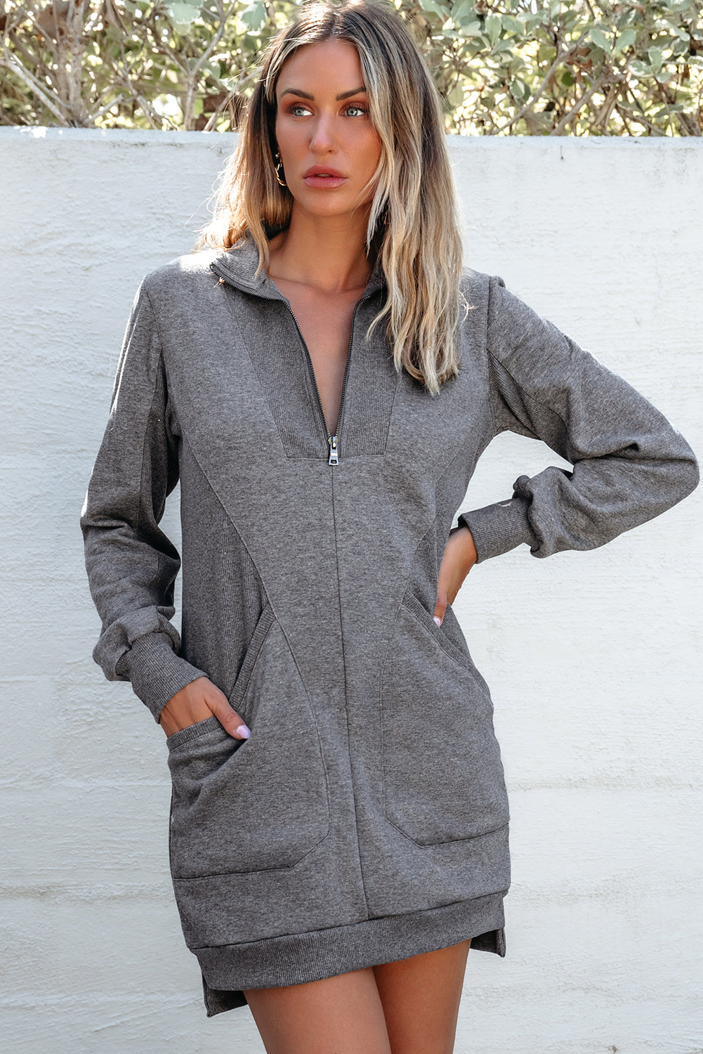 Black Zip up Collared Ribbed Patchwork Sweatshirt Dress with Pockets