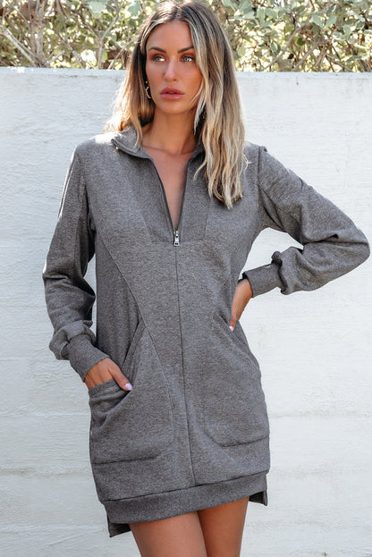 Black Zip up Collared Ribbed Patchwork Sweatshirt Dress with Pockets