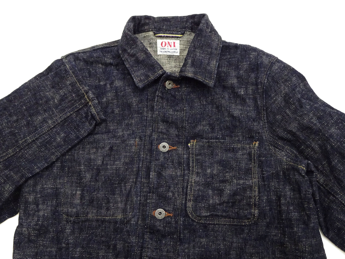 Oni Denim Jacket 03502-kasuri Men's Casual Slim-Fit 17oz. ONI-Kasuri Slub Selvedge Denim Work Coat Chore Coat Indigo One-Wash