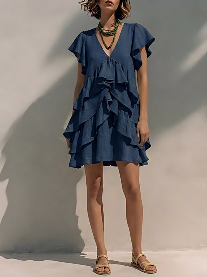Women's V-Neck Ruffle Sleeve Casual Loose Dress