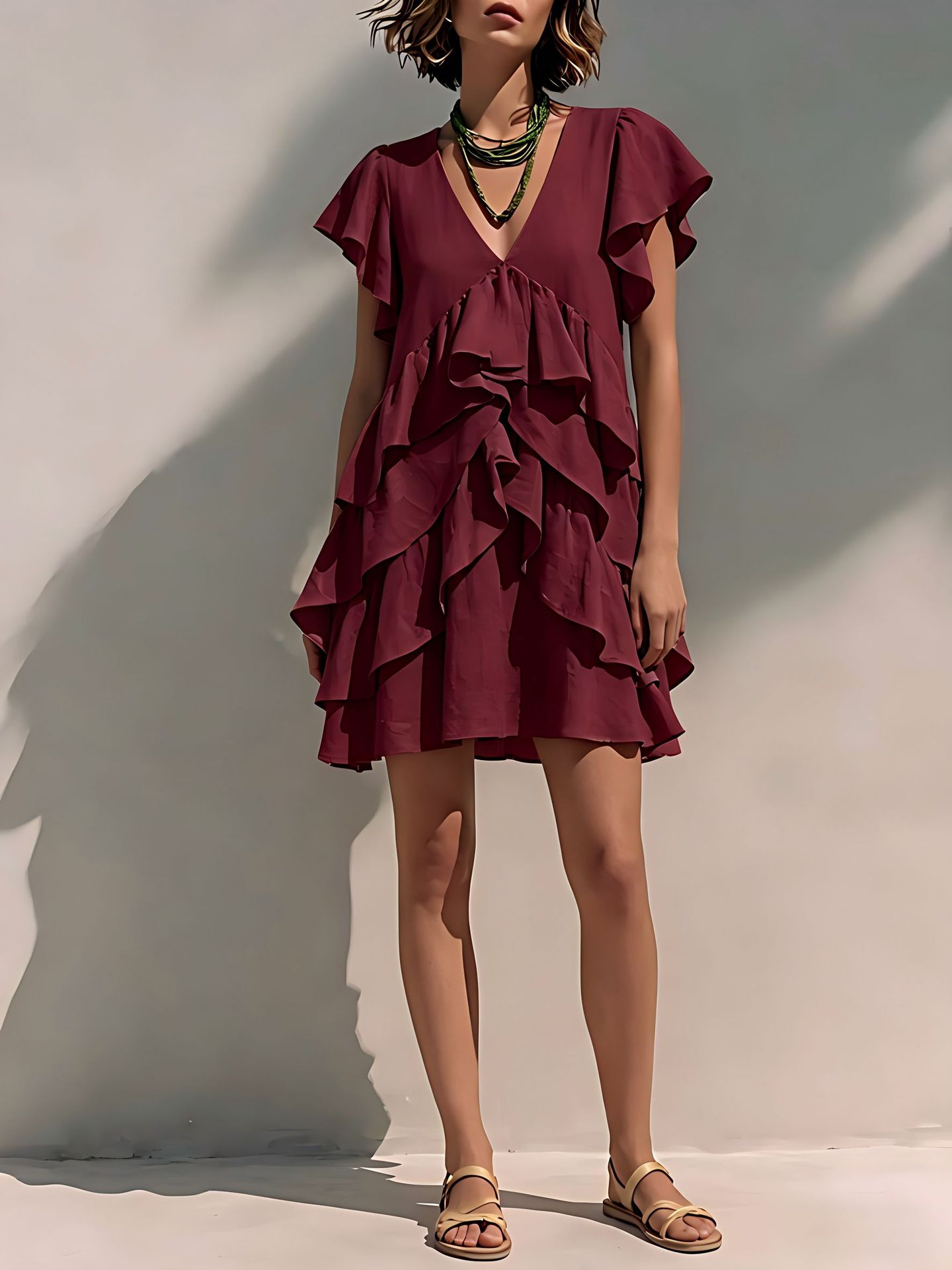 Women's V-Neck Ruffle Sleeve Casual Loose Dress