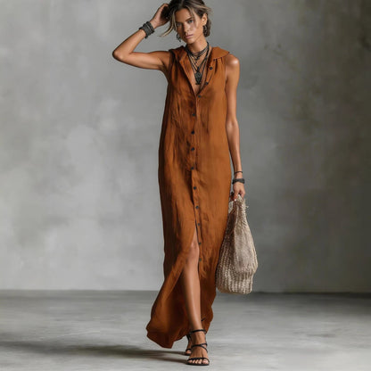 Women's Sleeveless Deep V-Neck Hooded Loose Maxi Dress – 6 Colors XS–3XL