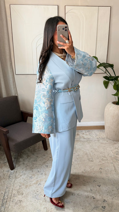 Ensemble tailleur manches brocard | Bleu