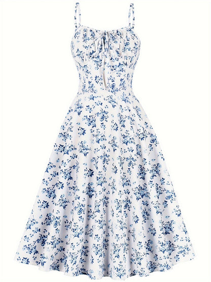 Floral Backless Bow-Tie Strappy Maxi Dress – Black & Blue, S–XXL