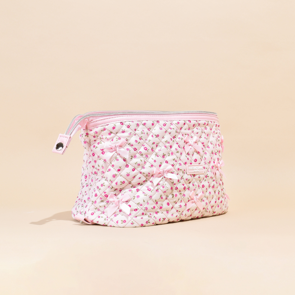 Expandable Makeup Bag - Quilted Pink Watercolour Flowers