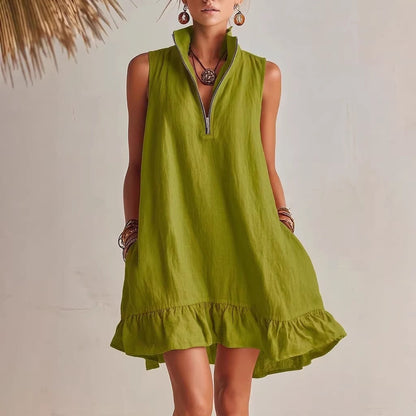 Women's Casual Loose Half-Zip Sleeveless Dress with Ruffle Hem