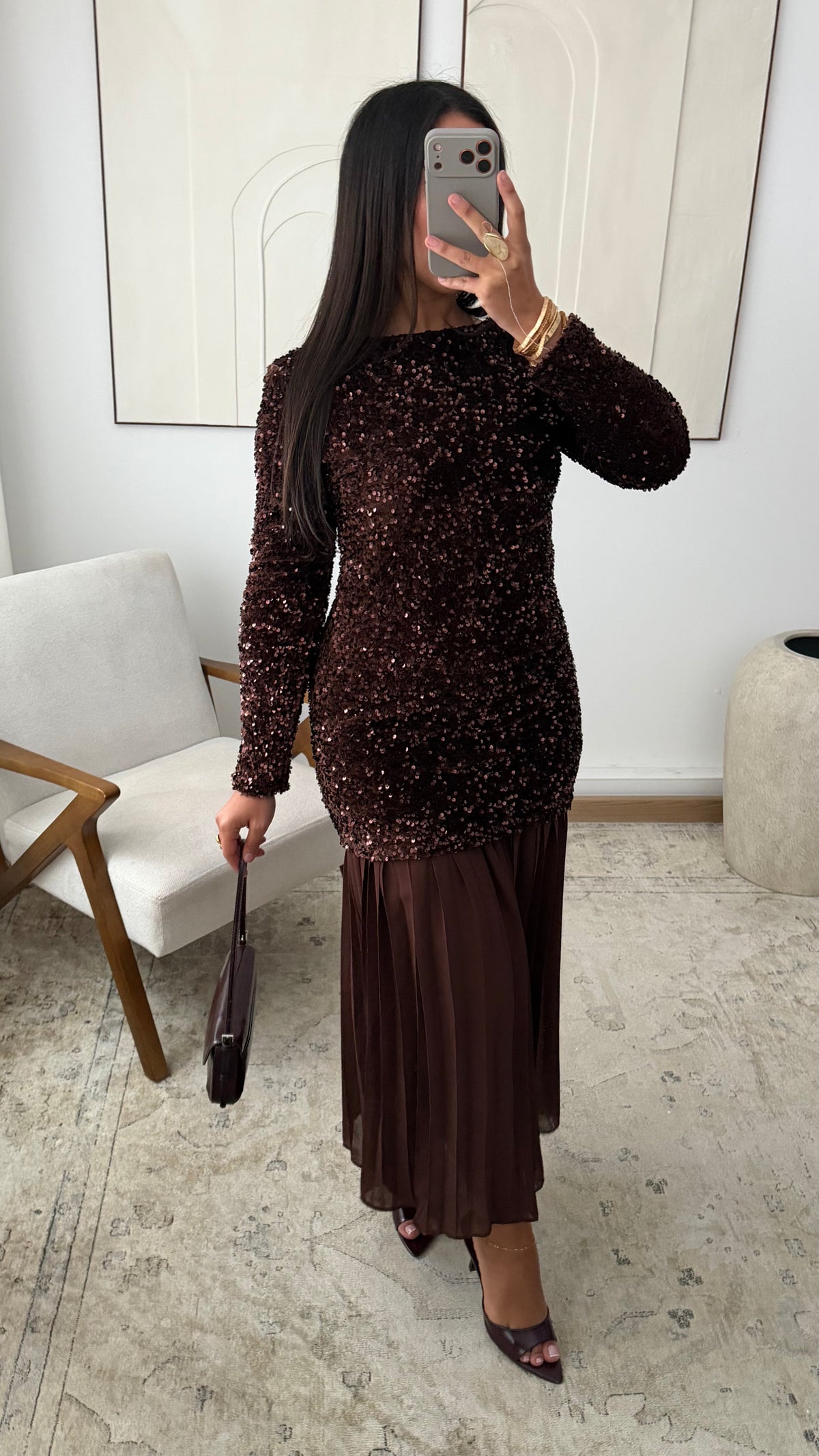 Robe A Sequins Plissee I Chocolat