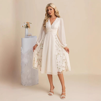 Floral Long Sleeve V-Neck Pleated Midi Dress – High Waist Flared Hem