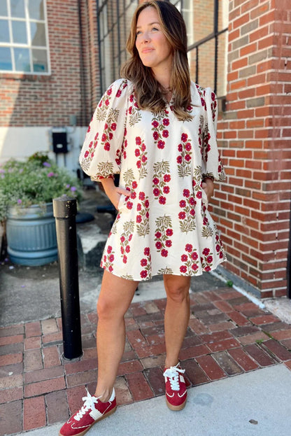 White Floral Print V Neck 3/4 Sleeve Loose Mini Dress