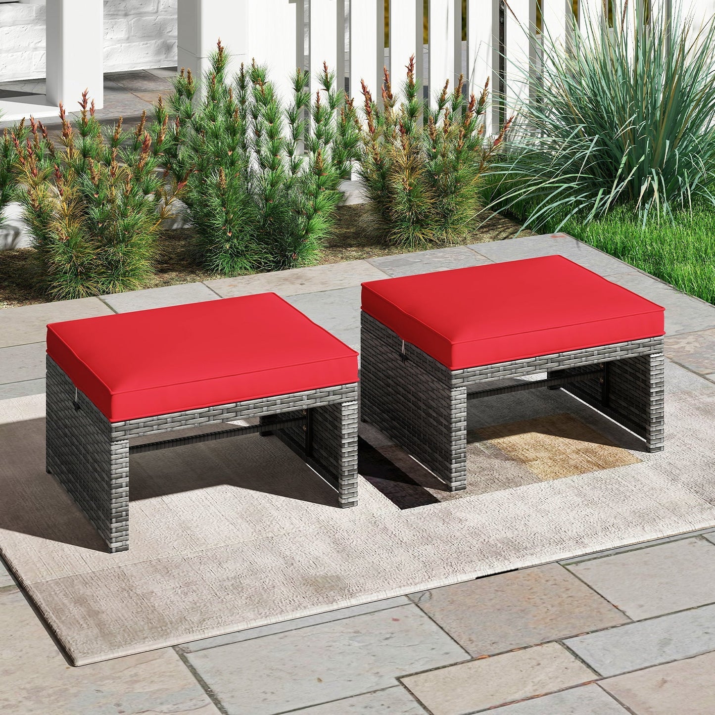 2 Pieces Patio PE Rattan Ottomans with Soft Zippered Cushions for Deck
