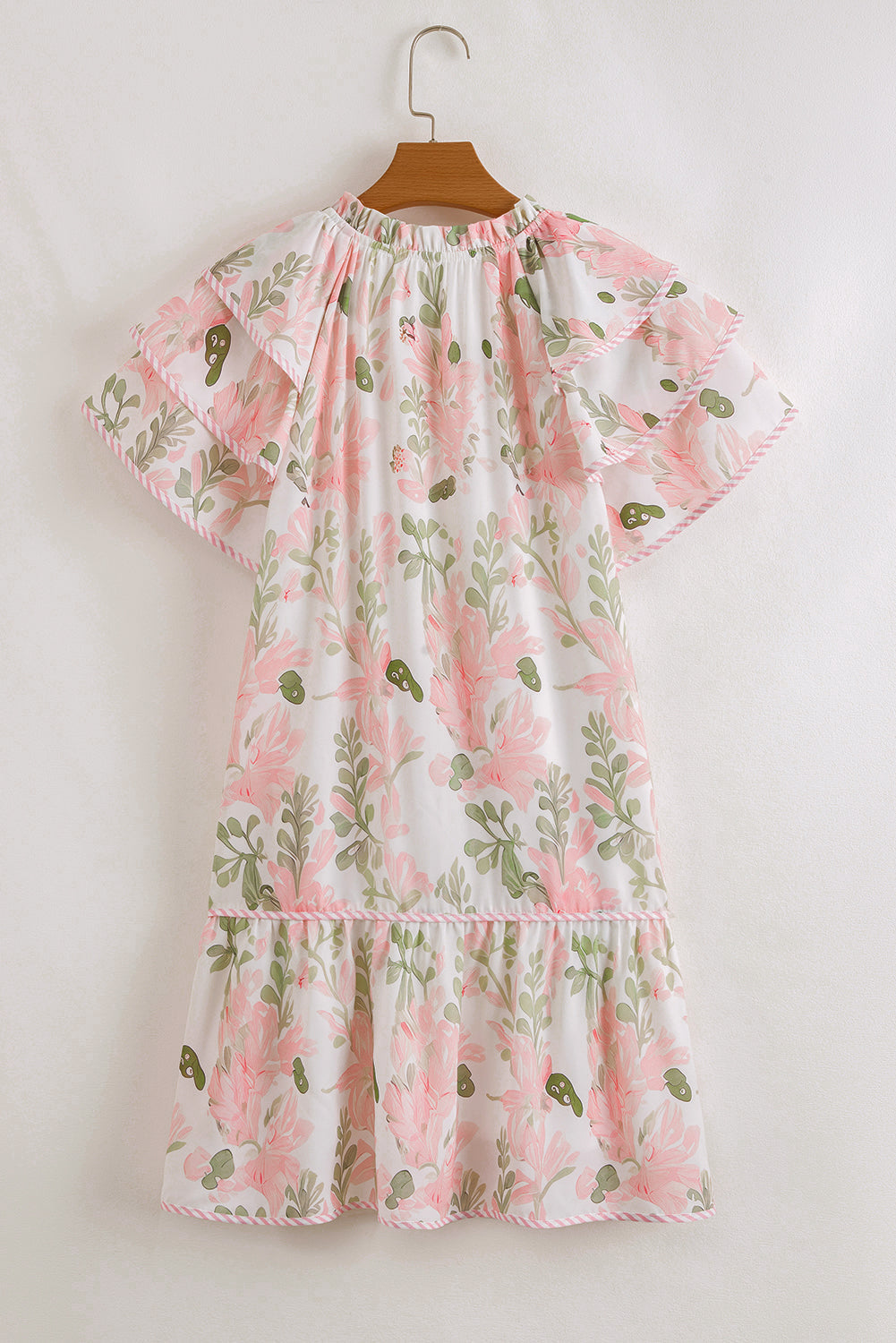 Pink Floral Contrast Edge Ruffle Sleeve Tie Neck Mini Dress