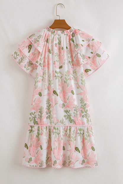 Pink Floral Contrast Edge Ruffle Sleeve Tie Neck Mini Dress