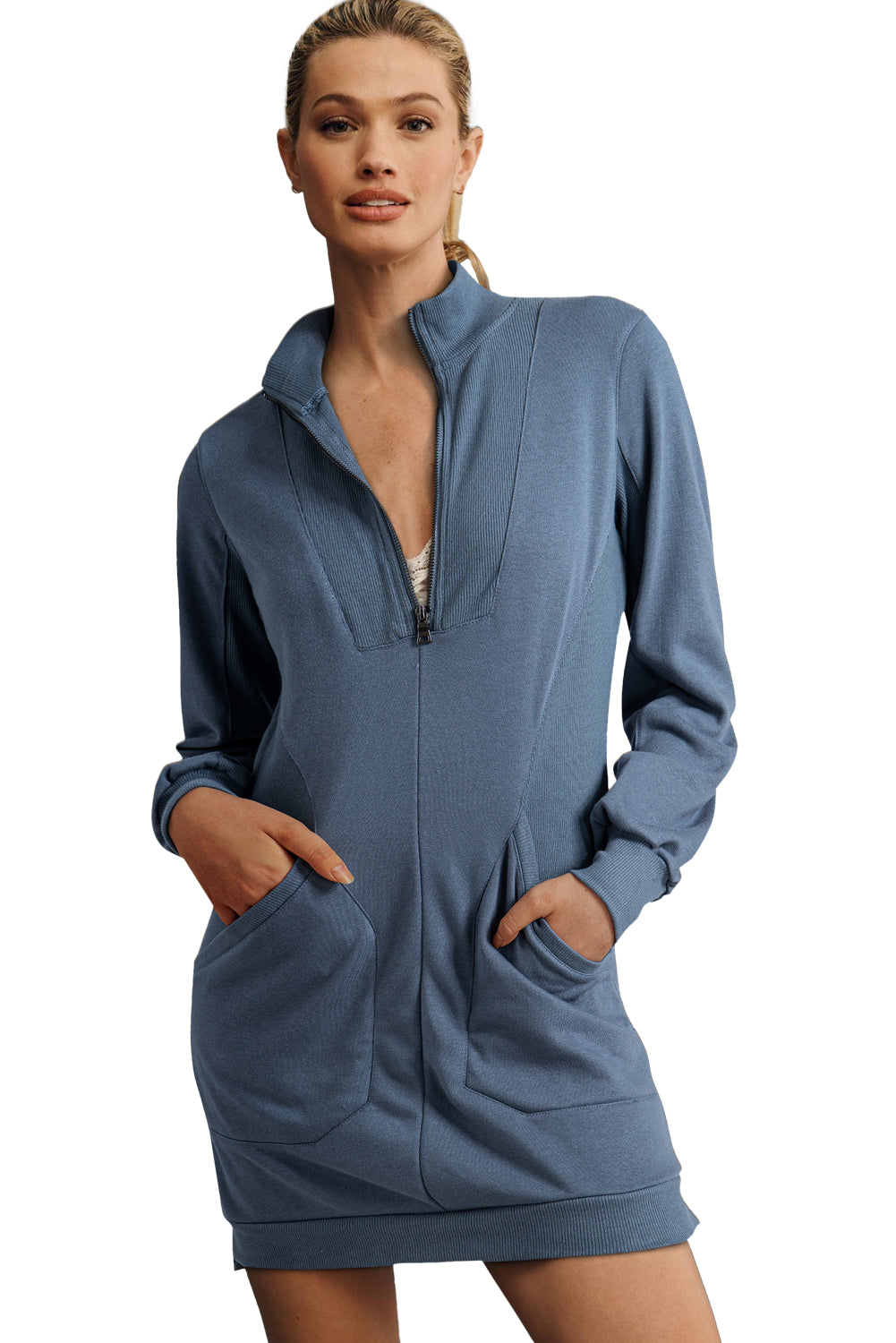 Black Zip up Collared Ribbed Patchwork Sweatshirt Dress with Pockets