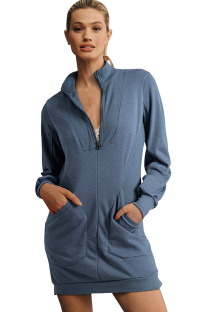 Black Zip up Collared Ribbed Patchwork Sweatshirt Dress with Pockets