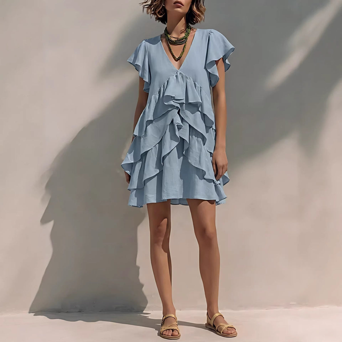 Women's V-Neck Ruffle Sleeve Casual Loose Dress