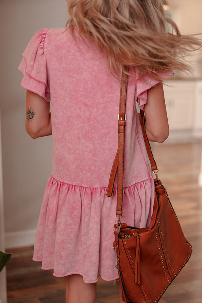 Sachet Pink Mineral Wash Raw Edge Ruffle Mini Dress