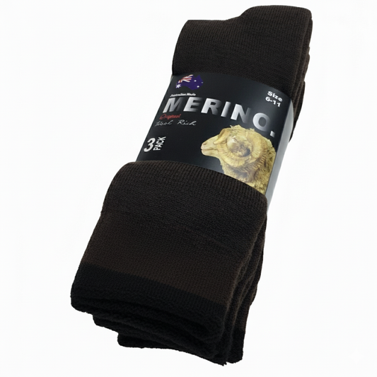 3 Pairs Brown Merino Wool Socks - Mens Heavy Duty Premium Thick Work Socks w/ Cushion