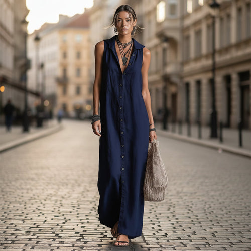 Women's Sleeveless Deep V-Neck Hooded Loose Maxi Dress – 6 Colors XS–3XL