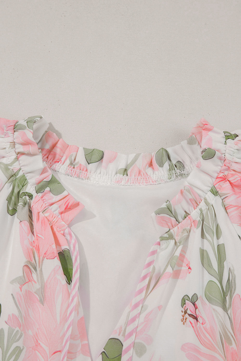 Pink Floral Contrast Edge Ruffle Sleeve Tie Neck Mini Dress