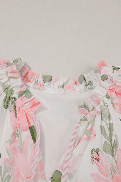 Pink Floral Contrast Edge Ruffle Sleeve Tie Neck Mini Dress