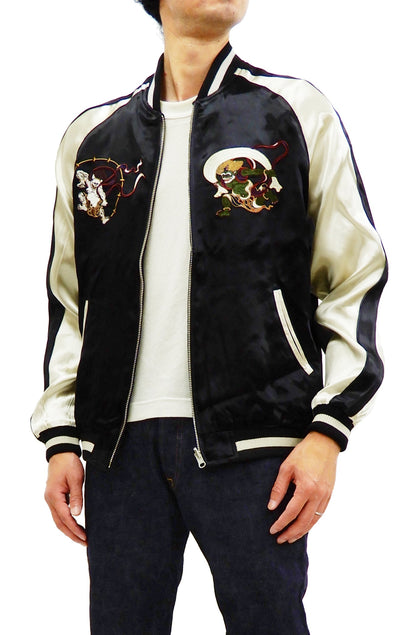 Japanesque Men's Japanese Souvenir Jacket Japan Art Fujin and Raijin Embroidered Sukajan 3RSJ-003 Black/Off
