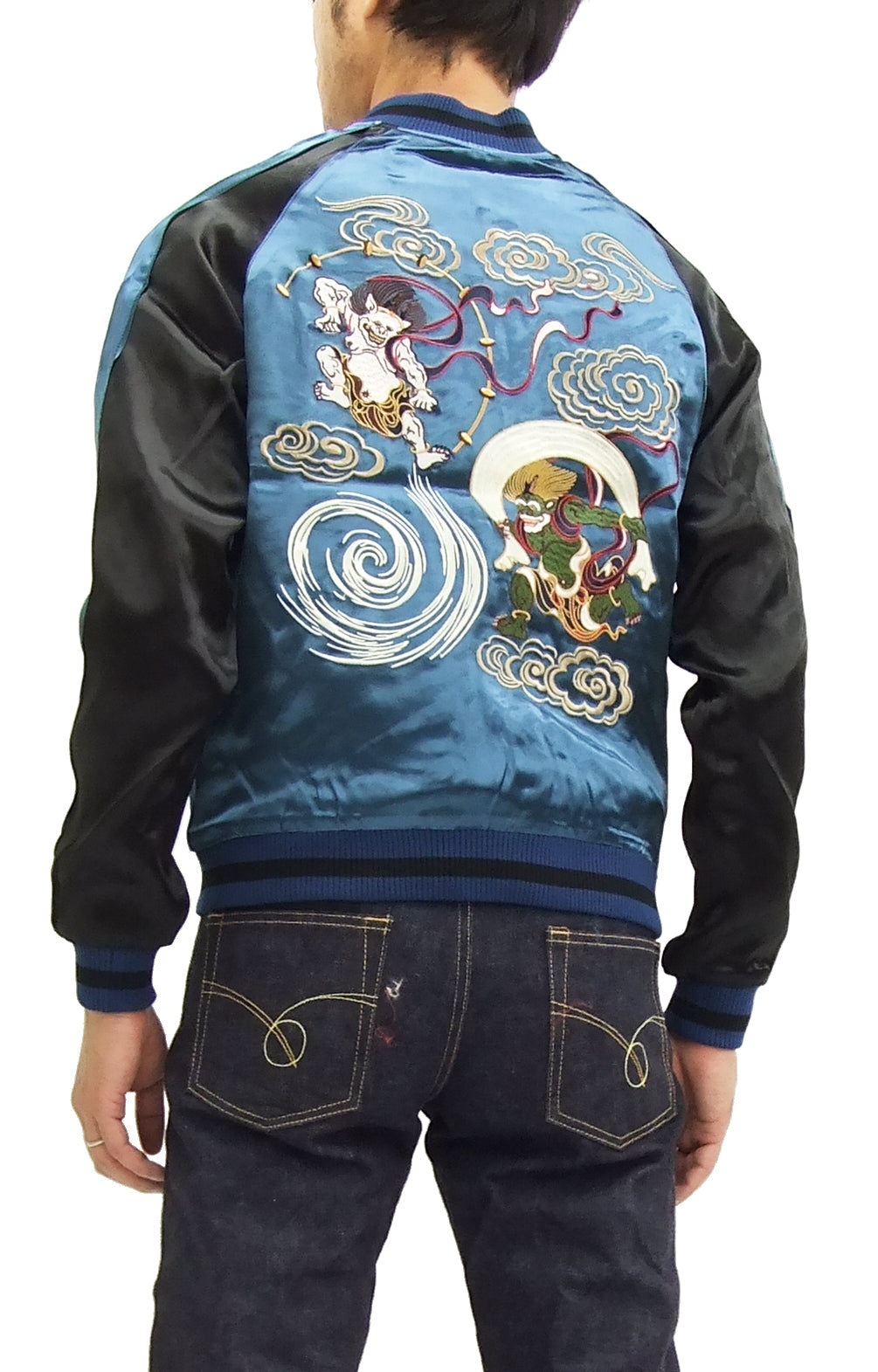 Japanesque Japanese Souvenir Jacket 3RSJ-003 Fujin Raijin Men's Sukajan Blue/Black