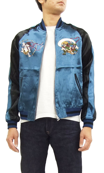 Japanesque Japanese Souvenir Jacket 3RSJ-003 Fujin Raijin Men's Sukajan Blue/Black