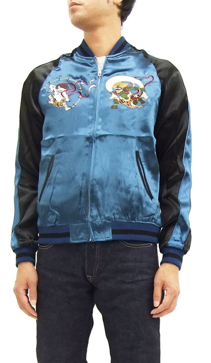 Japanesque Japanese Souvenir Jacket 3RSJ-003 Fujin Raijin Men's Sukajan Blue/Black