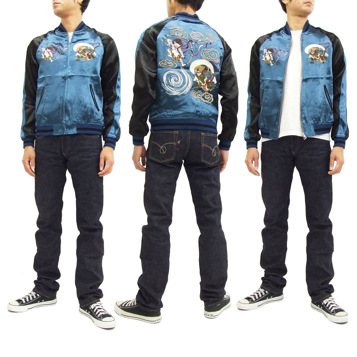 Japanesque Japanese Souvenir Jacket 3RSJ-003 Fujin Raijin Men's Sukajan Blue/Black