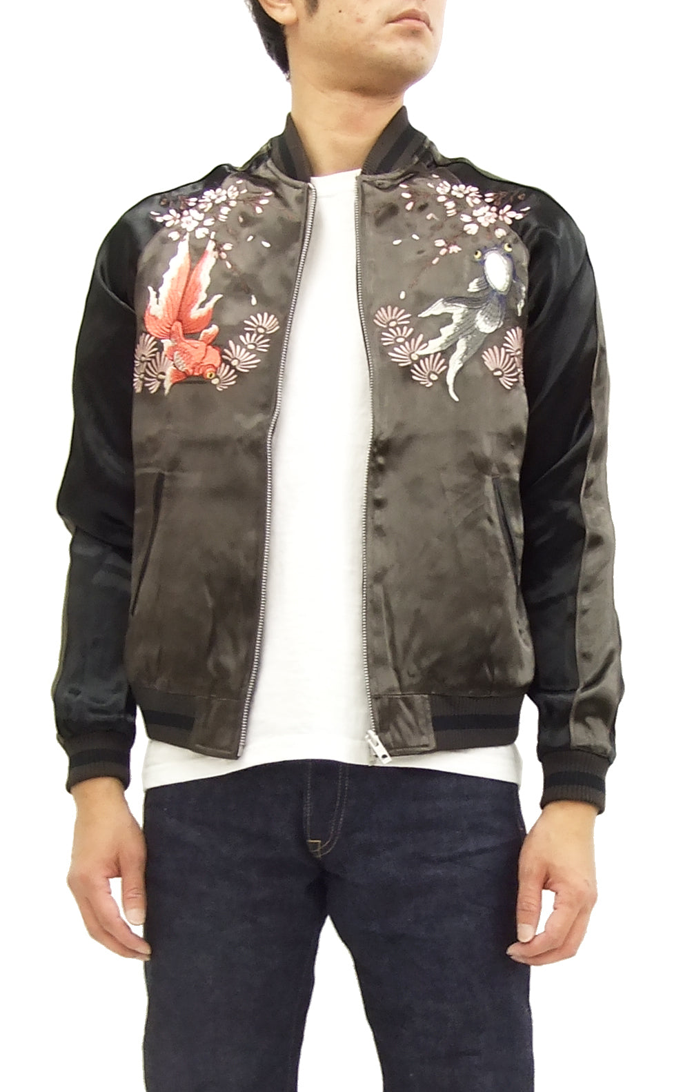 Japanesque Japanese Souvenir Jacket 3RSJ-015 goldfish Men's Sukajan Charcoal-Gray/Black