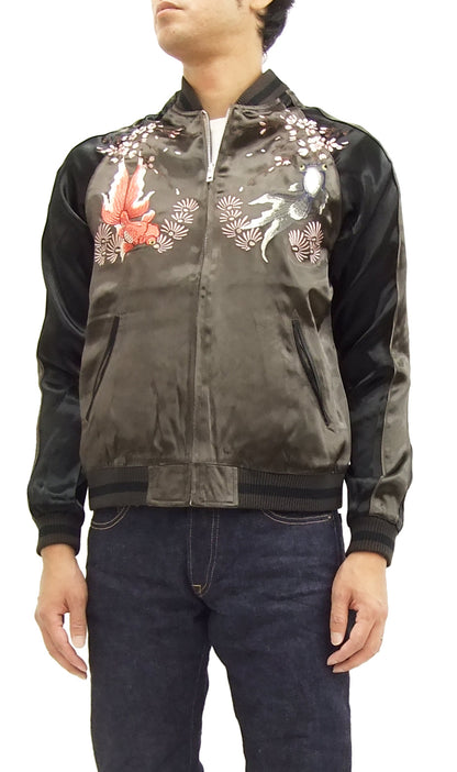 Japanesque Japanese Souvenir Jacket 3RSJ-015 goldfish Men's Sukajan Charcoal-Gray/Black