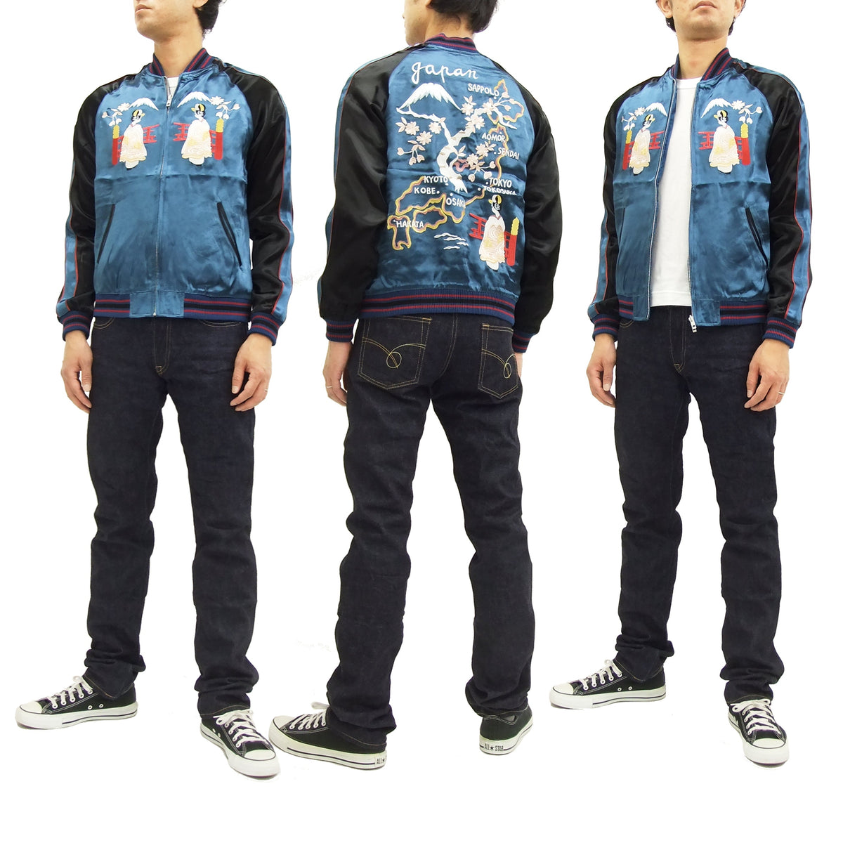 Japanesque Japanese Souvenir Jacket 3RSJ-029 Japan map Men's Sukajan Navy-Blue/Black