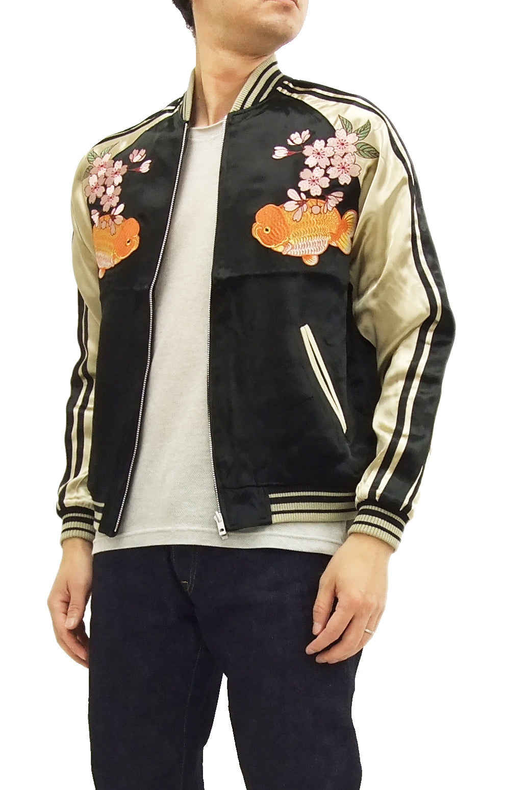 Japanesque Script Japanese Souvenir Jacket 3RSJ-031 Goldfish Men's Sukajan Black/Gold