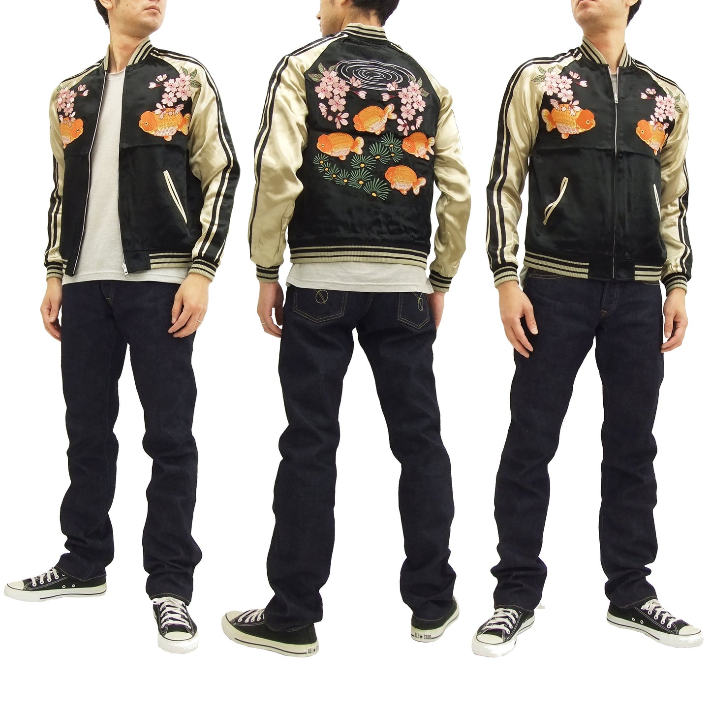 Japanesque Script Japanese Souvenir Jacket 3RSJ-031 Goldfish Men's Sukajan Black/Gold