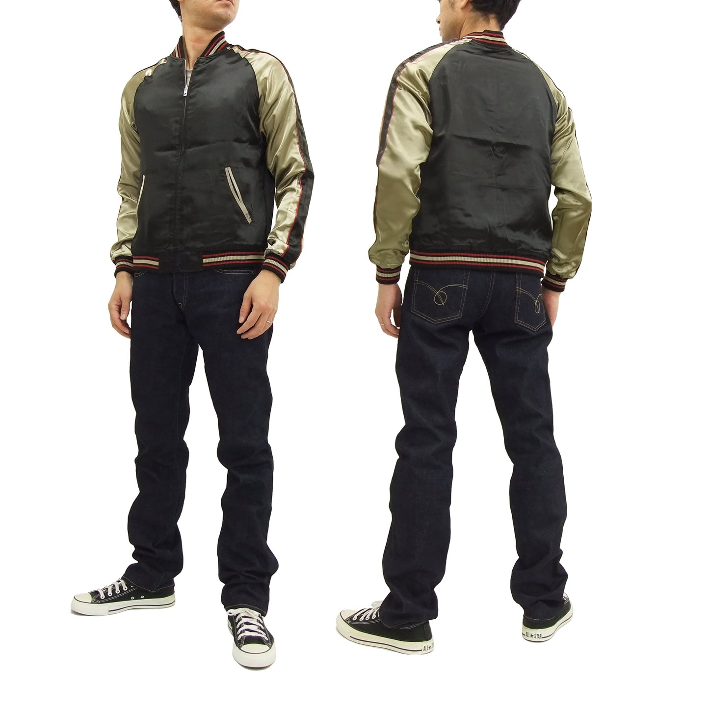 Japanesque Script Japanese Souvenir Jacket 3RSJ-034 Sparrows Men's Sukajan Black/Gold