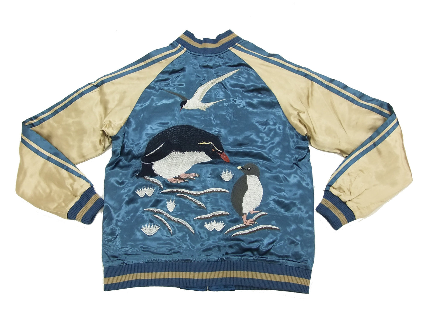 Japanesque Script Japanese Souvenir Jacket 3RSJ-036 Penguin Men's Sukajan Blue/Gold
