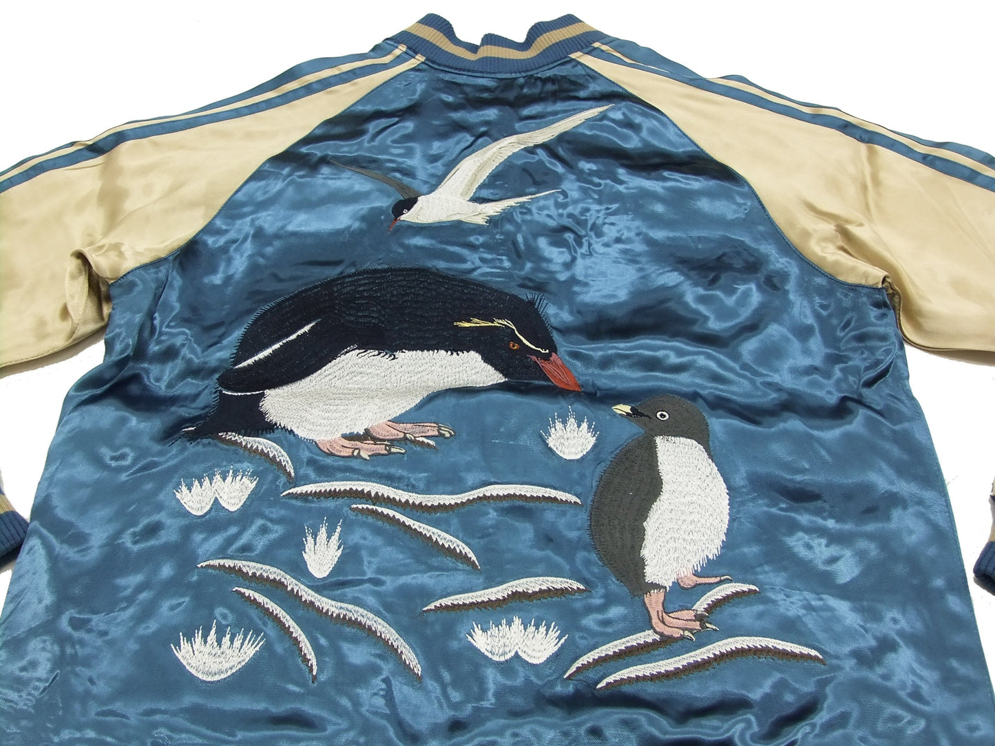 Japanesque Script Japanese Souvenir Jacket 3RSJ-036 Penguin Men's Sukajan Blue/Gold