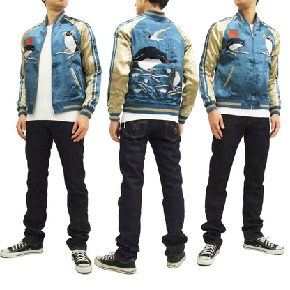 Japanesque Script Japanese Souvenir Jacket 3RSJ-036 Penguin Men's Sukajan Blue/Gold